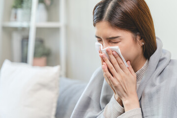 Female unhealthy Sickness, asian young woman, girl unwell and coughing, have cold, sore throat...