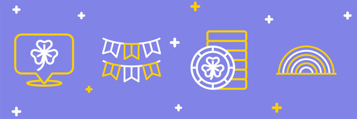 Set line Rainbow, Golden leprechaun coin, Carnival garland with flags and Clover trefoil leaf icon. Vector