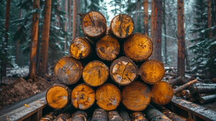Sawn tree trunks lie ready for transport, a stark image of trees harvested for industrial ends.