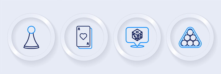 Set line Billiard balls in triangle, Game dice, Playing cards and Chip for board game icon. Vector