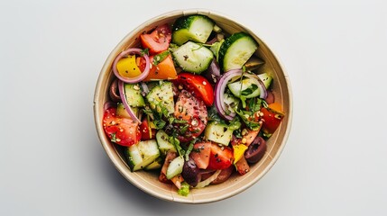 Appetizing Greek salad served in a paper bowl, ideal for grab-and-go meals, photographed from a top-down perspective against a white backdrop.