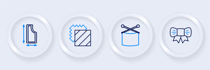 Set line Gift bow, Knitting needles, Layers clothing textile and Sewing pattern icon. Vector