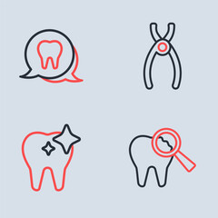 Set line Dental pliers, Tooth whitening, Broken tooth and icon. Vector