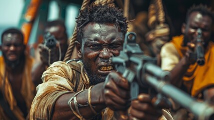 Obraz premium A chilling spectacle unfolds as African pirates, armed and fearsome, shout demands aboard a captured ship, their anger palpable.