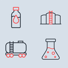 Set line Oil tank storage, railway cistern, petrol test tube and icon. Vector