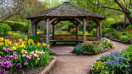 Picturesque wooden seating area in a botanical garden, surrounded by colorful blooms and fragrant blossoms.