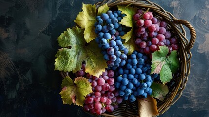 Fototapeta premium Overhead view of a colorful assortment of grapes in a wicker basket, symbolizing autumn harvest season.