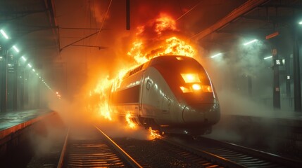 Obraz premium The train engine engulfed in flames, a harrowing sight on the platform of the train station, a disaster that sends shockwaves through the world of passenger travel.