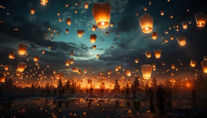 Inspiring stock photo of a lantern festival, with countless lanterns floating upwards into the night sky, representing the lifting power of light and love