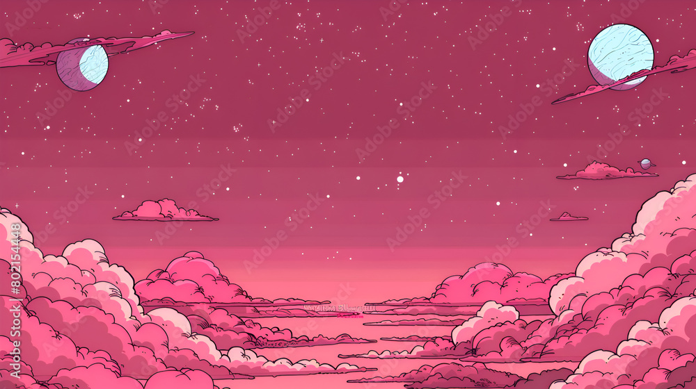 Poster a pink background with a space scene with two planets and a star. the background is pink and the sky