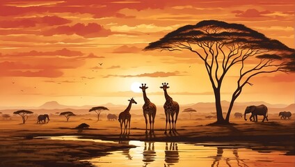 beautiful landscape of african sunset with silhouettes of giraffes and elephants. design for banner, poster, social media, web. generative ai