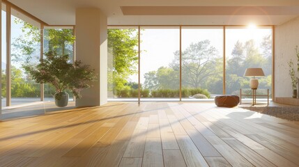 Obraz premium Natural light flooding into a room with wide-plank wooden flooring, creating a bright and airy atmosphere.
