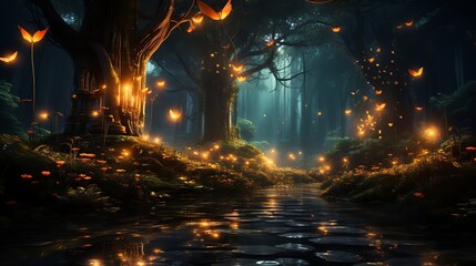 Magical stock image of a forest path illuminated by glowing fireflies at twilight, creating a fairytale setting of light and the enchantment of love