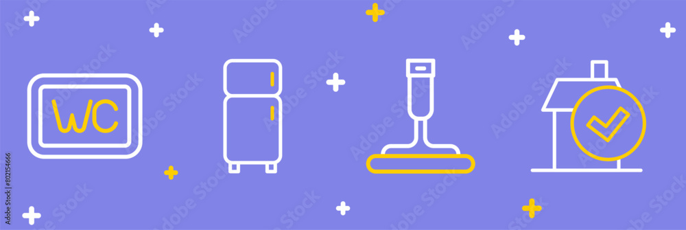 Poster Set line Home cleaning service, Rubber cleaner for windows, Refrigerator and Toilet icon. Vector