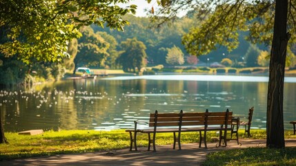 Obraz premium Lakeside park scene with sturdy wooden chairs positioned along a scenic waterfront promenade, perfect for birdwatching.