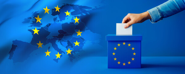 Voting for the European Union election, a hand putting a ballot paper into a ballot box on a blue background banner with Europe map on a twelve yellow stars flag