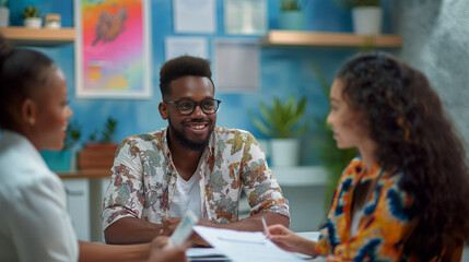 Young couple communicating with insurance agent while analyzing documents during meeting.