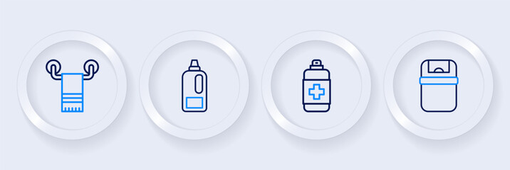Set line Trash can, Antibacterial soap, Bottle for detergent and Towel on hanger icon. Vector