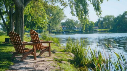Fototapeta premium Lakeside park scene with sturdy wooden chairs positioned along a scenic waterfront promenade, perfect for birdwatching.