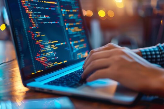 A person is typing on a laptop with a screen with a lot of code