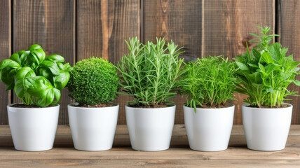 A row of potted plants with different types of herbs, including basil, parsley