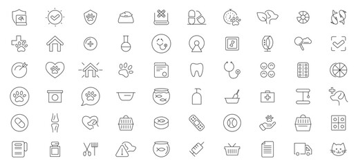 Veterinary, pet, vet, pet shop, dog care, training, cat, food line icons set collection. Outline icon collection. Pets line icons. Lovely animals icon pack. Vaccine, pet care, and dog paw.