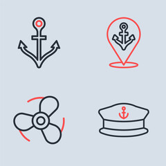 Set line Location with anchor, Boat propeller, Captain hat and Anchor icon. Vector