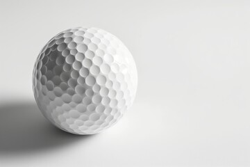 A detailed view of a white golf ball with dimples, highlighting texture and shape