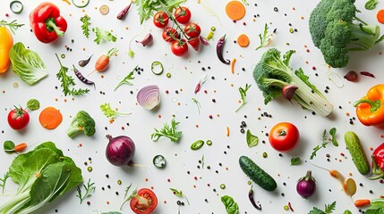 Colorful selection of airborne fresh vegetables on a white background, emphasizing the freshness and vitality of nature's harvest.