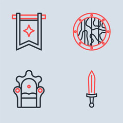 Set line Round wooden shield, Medieval throne, sword and flag icon. Vector