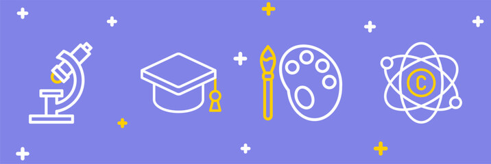 Set line Atom, Paint brush with palette, Graduation cap and Microscope icon. Vector