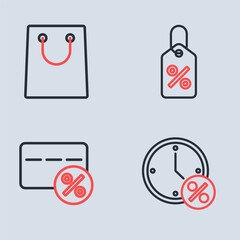 Set line Discount percent tag, card with, Clock and discount and Paper shopping bag icon. Vector