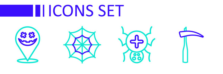 Set line Scythe, Spider, web and Happy Halloween holiday icon. Vector