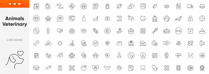 Veterinary, pet, vet, pet shop, dog care, training, cat, food line icons set collection. Outline icon collection. Pets line icons. Lovely animals icon pack. Vaccine, pet care, and dog paw.