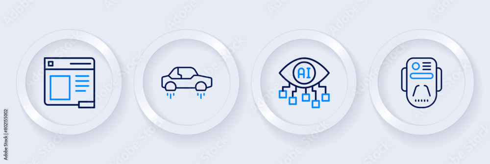 Poster set line artificial intelligence robot, computer vision, fantastic flying car and browser window ico
