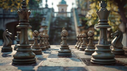 A serene scene of a chess board in a historic setting, its timeless appeal and intellectual challenge representing the enduring legacy of the game on International Chess Day.
