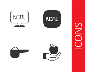 Set Apple, Kcal, Sports nutrition proteine and icon. Vector