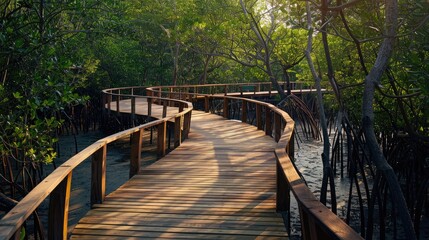 Fototapeta premium Elevated wooden walkway meandering through a mangrove forest, showcasing the beauty of natural ecosystems.