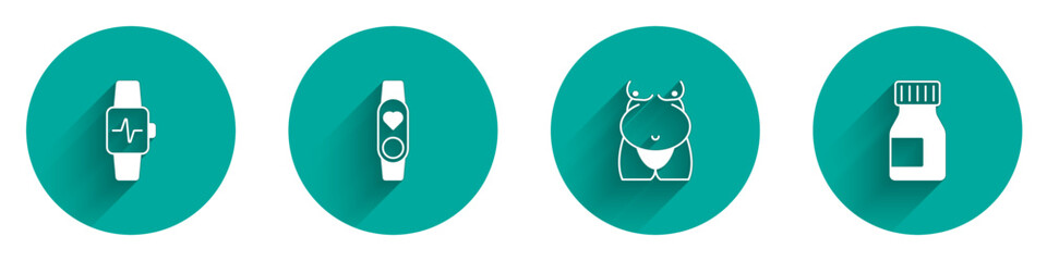 Set Smart watch with heart, Obesity and Vitamins icon with long shadow. Vector
