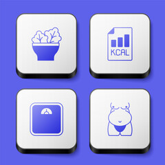 Set Salad in bowl, Diet plan, Bathroom scales and Obesity icon. White square button. Vector