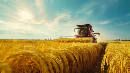 Fototapeta premium Farmers operating a modern combine harvester, reaping bountiful rice crops under the clear blue sky in a rural setting.