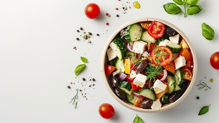 Fresh and colorful Greek salad packed in a paper bowl for easy take-away, displayed in a top-view layout against a simple white background.