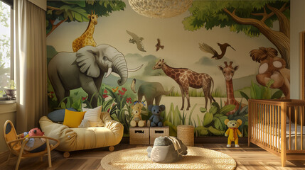 A nursery decorated with whimsical animal-themed wall art, creating a cheerful and welcoming environment for a newborn