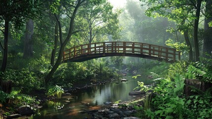 Charming footbridge crafted from timber, crossing over a meandering creek in a serene forest setting.