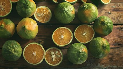 Fresh sweet green oranges arranged on a wooden table, inviting viewers to indulge in their natural sweetness.