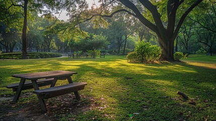 Fototapeta premium Idyllic image of a tranquil park filled with diverse flora, providing a perfect setting for picnics and outdoor recreation.
