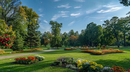 Inviting landscape of a public park with tall trees and colorful flower beds, beckoning visitors to explore and enjoy the beauty of nature.
