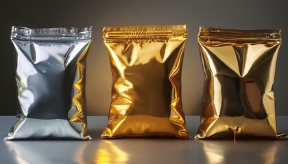 Unbranded blank 3d mockups of chips bags in chrome and gold metal color
