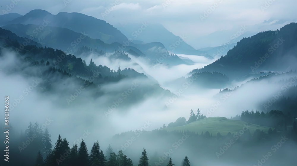 Wall mural Misty morning fog rolling through the valleys of the mountains, evoking a sense of mystery and enchantment.