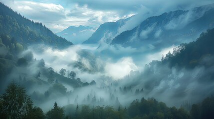 Obraz premium Misty morning fog rolling through the valleys of the mountains, evoking a sense of mystery and enchantment.